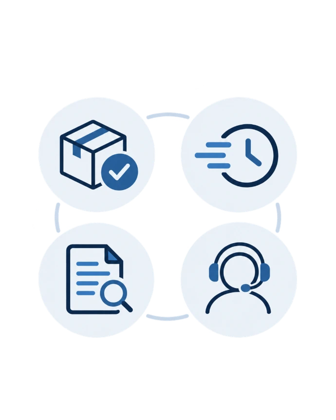 Icons representing availability, documentation, fast response and personal support